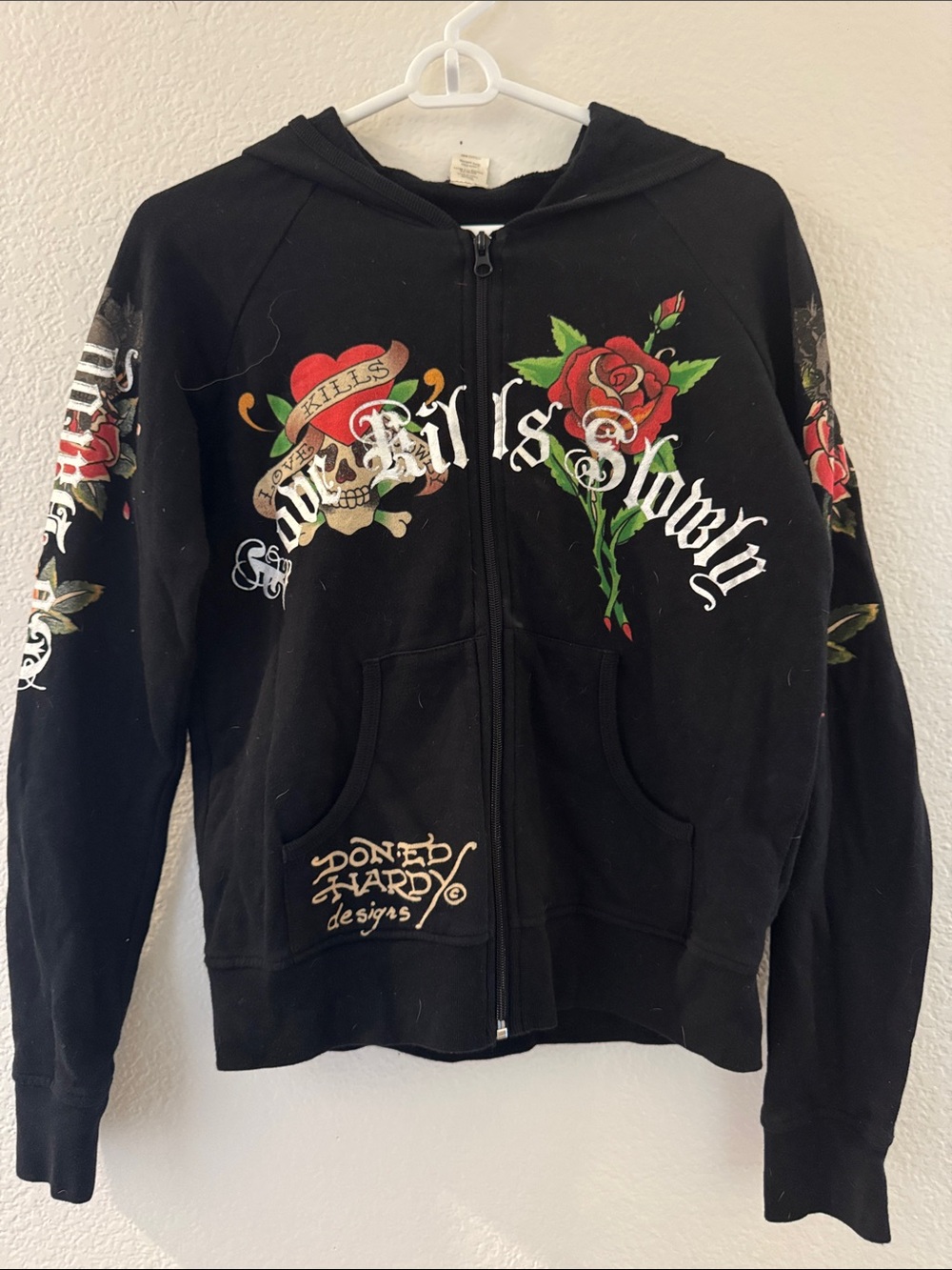 Ed Hardy Black Zip-Up Hoodie with Rose & Skull Graphics